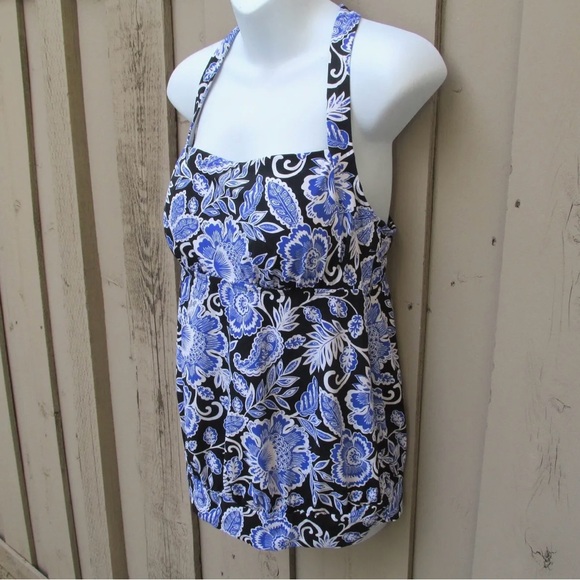 Lands End Swimsuit Tankini Top 12 Black White Floral Blue Padded Shelf Bra - Picture 3 of 9